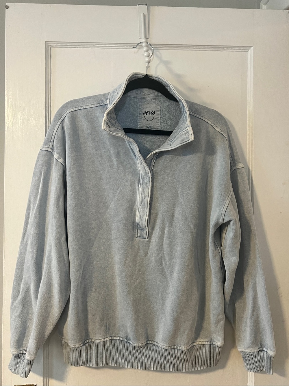 AERIE Getaway Quarter Snap Sweatshirt in Cloud Wash Blue Size XXS oversize fit